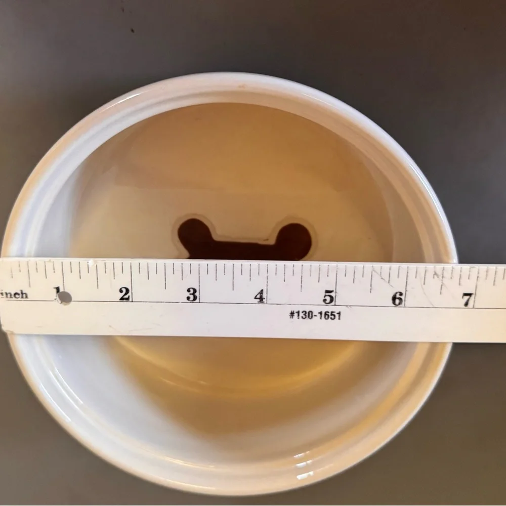 Ceramic Dog Bowl Blue White & Food, Brown Letters With Brown Bone Print